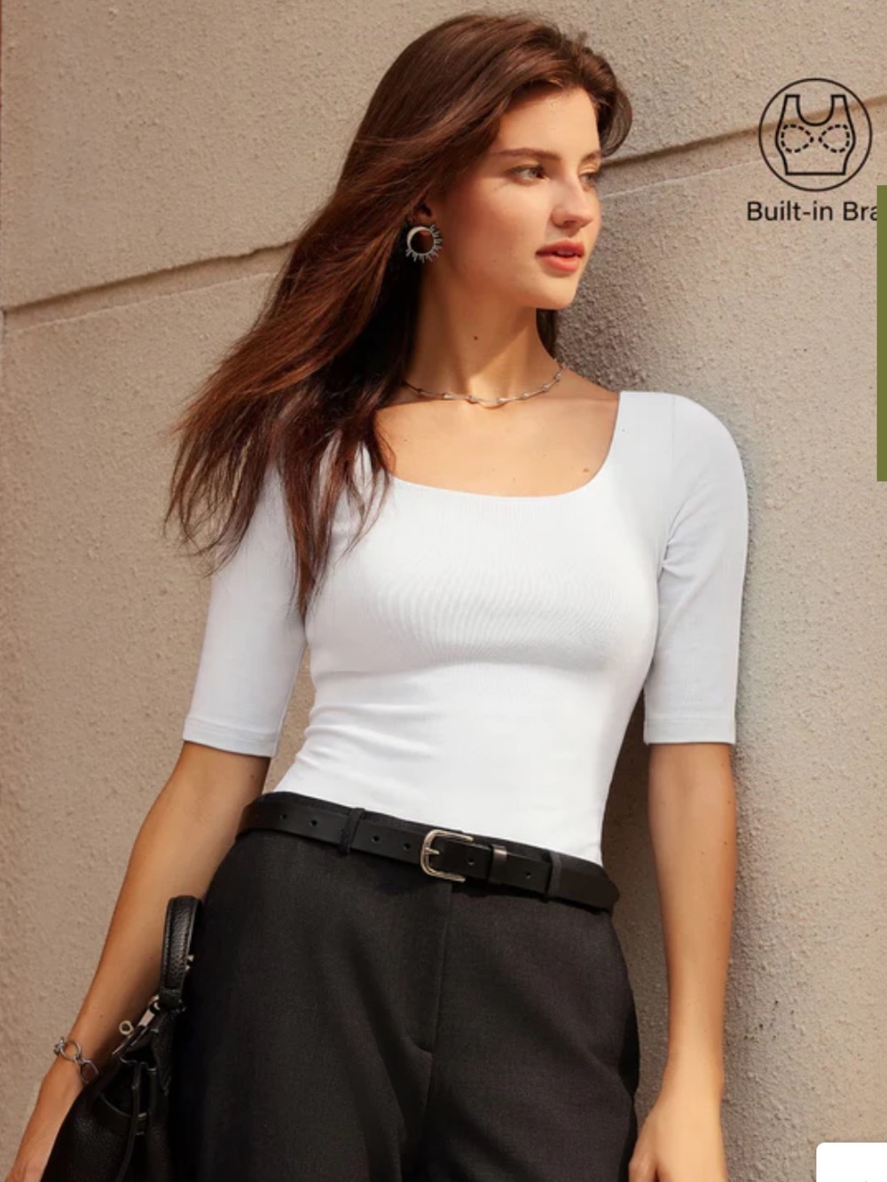 OGL White Essential Square Neck Elbow Length Sleeve Bra Top